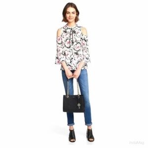 Karl Lagerfeld Women's Peony Floral Cold Shoulder Blouse Top White Pink Size L